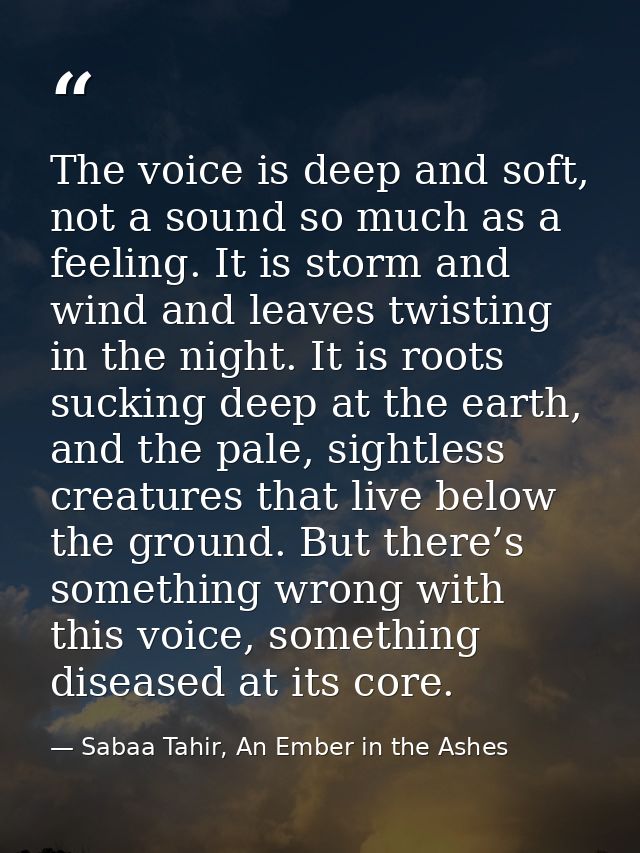 The voice is deep and soft, not a sound so much as a feeling. It is storm and wind and leaves twisting in the night. It  — Sabaa Tahir, An Ember in the Ashes