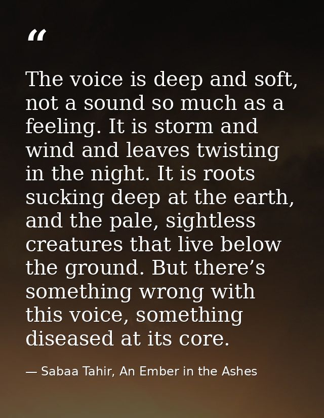 The voice is deep and soft, not a sound so much as a feeling. It is storm and wind and leaves twisting in the night. It  — Sabaa Tahir, An Ember in the Ashes