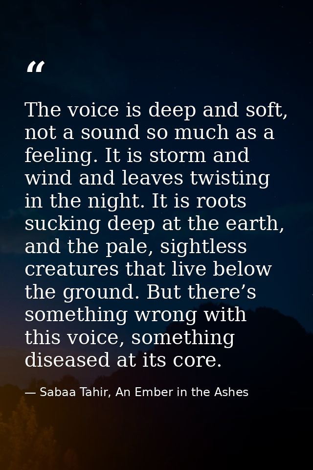 The voice is deep and soft, not a sound so much as a feeling. It is storm and wind and leaves twisting in the night. It  — Sabaa Tahir, An Ember in the Ashes