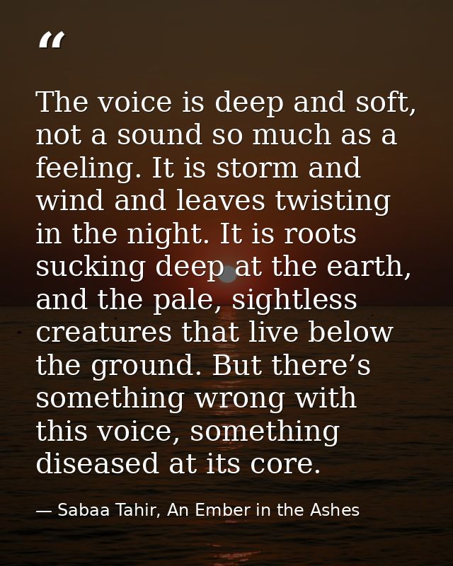 The voice is deep and soft, not a sound so much as a feeling. It is storm and wind and leaves twisting in the night. It  — Sabaa Tahir, An Ember in the Ashes