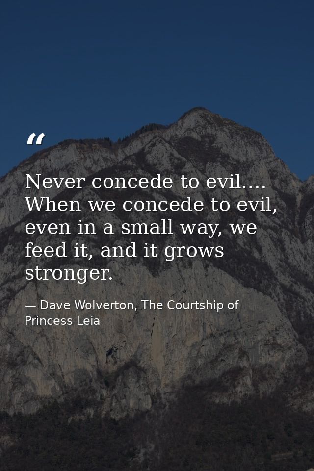 Never concede to evil…. When we concede to evil, even in a small way, we feed it, and it grows stronger. — Dave Wolverton, The Courtship of Princess Leia