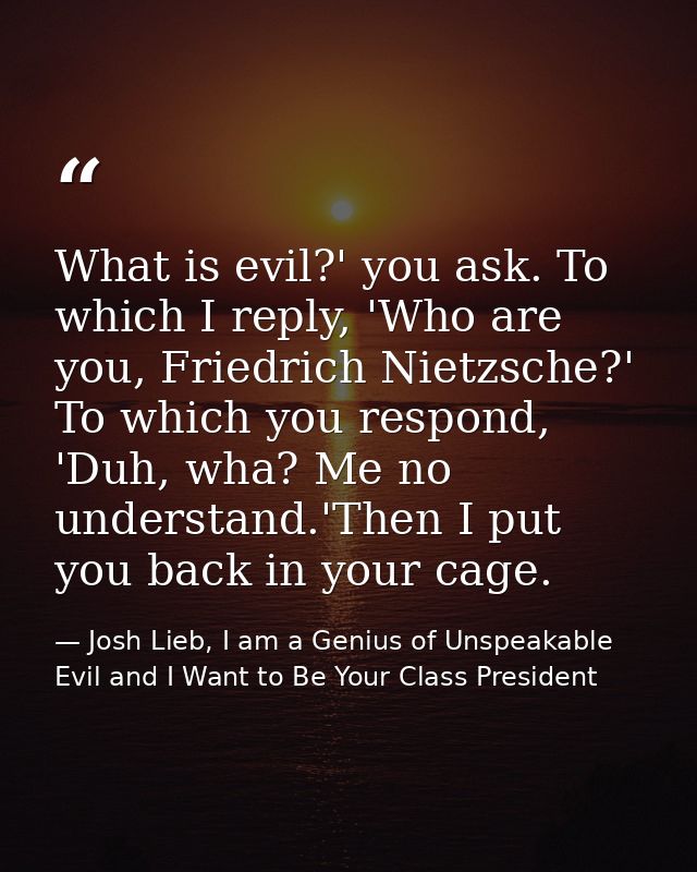 What is evil?' you ask. To which I reply, 'Who are you, Friedrich Nietzsche?' To which you respond, 'Duh, wha? Me no und — Josh Lieb, I am a Genius of Unspeakable Evil and I Want to Be Your Class President