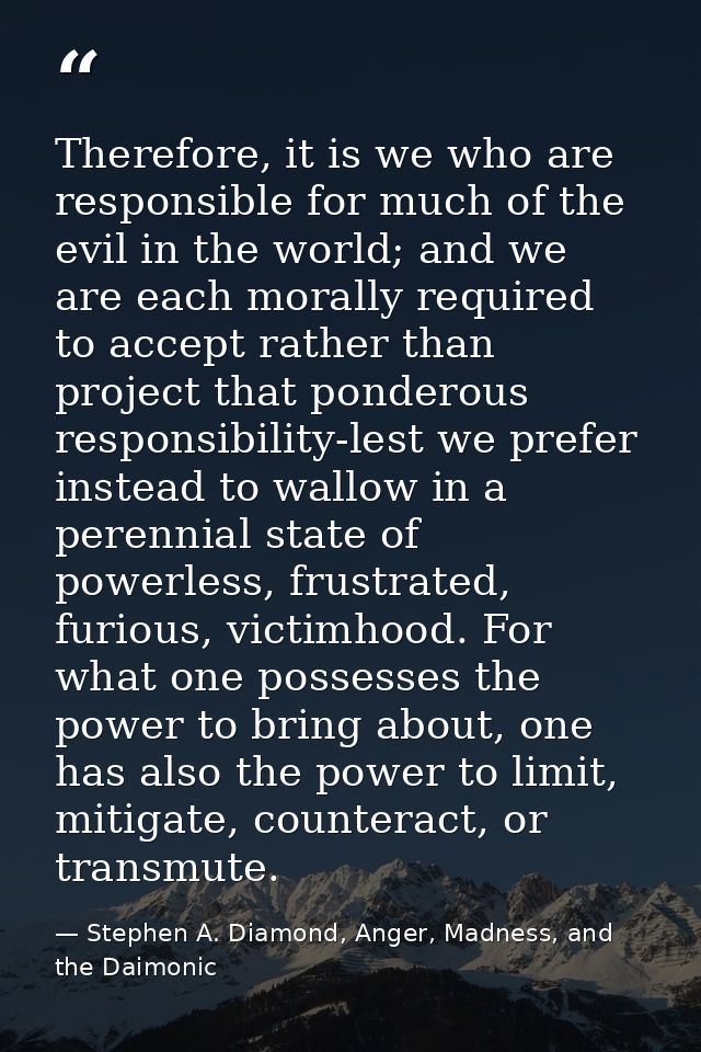 Therefore, it is we who are responsible for much of the evil in the world; and we are each morally required to accept ra — Stephen A. Diamond, Anger, Madness, and the Daimonic