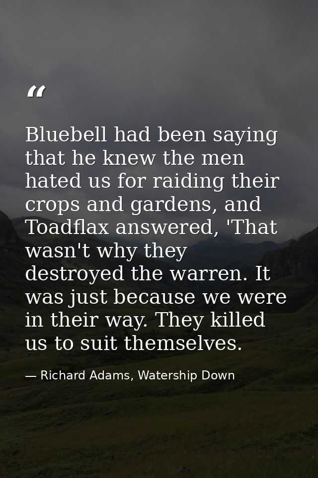 Bluebell had been saying that he knew the men hated us for raiding their crops and gardens, and Toadflax answered, 'That — Richard Adams, Watership Down