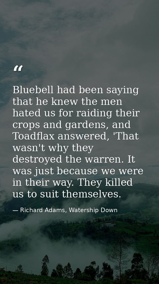Bluebell had been saying that he knew the men hated us for raiding their crops and gardens, and Toadflax answered, 'That — Richard Adams, Watership Down