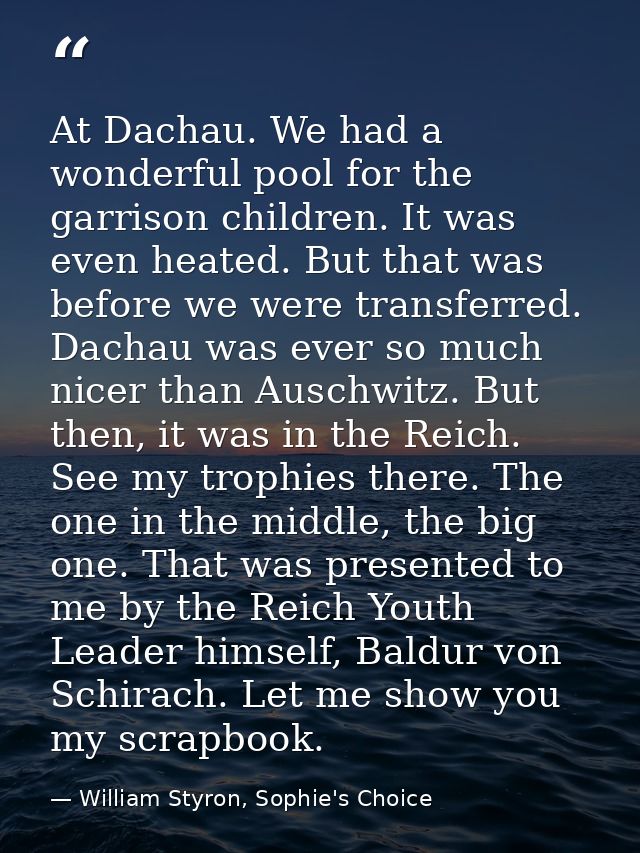 At Dachau. We had a wonderful pool for the garrison children. It was even heated. But that was before we were transferre — William Styron, Sophie's Choice
