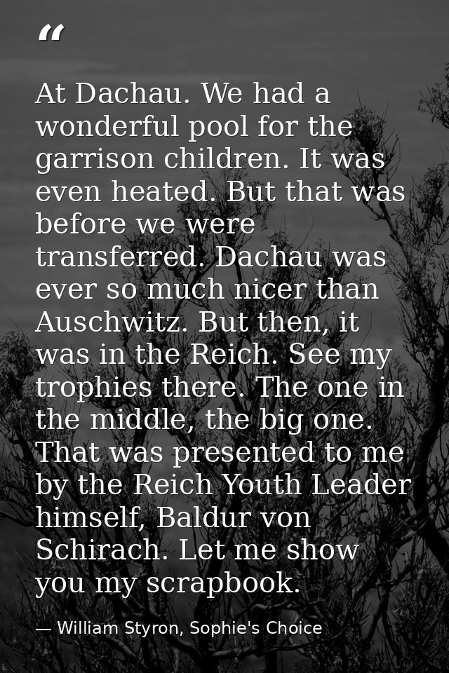 At Dachau. We had a wonderful pool for the garrison children. It was even heated. But that was before we were transferre — William Styron, Sophie's Choice