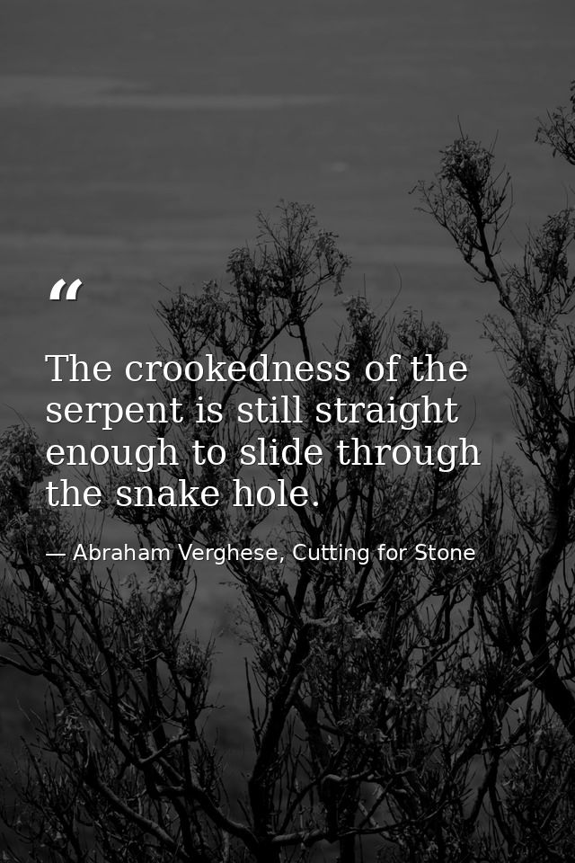 The crookedness of the serpent is still straight enough to slide through the snake hole. — Abraham Verghese, Cutting for Stone