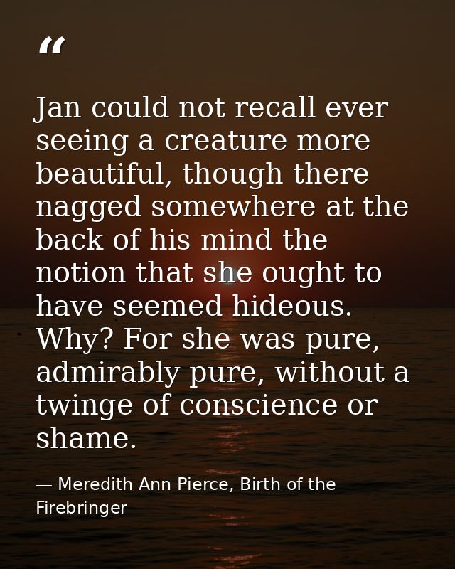 Jan could not recall ever seeing a creature more beautiful, though there nagged somewhere at the back of his mind the no — Meredith Ann Pierce, Birth of the Firebringer