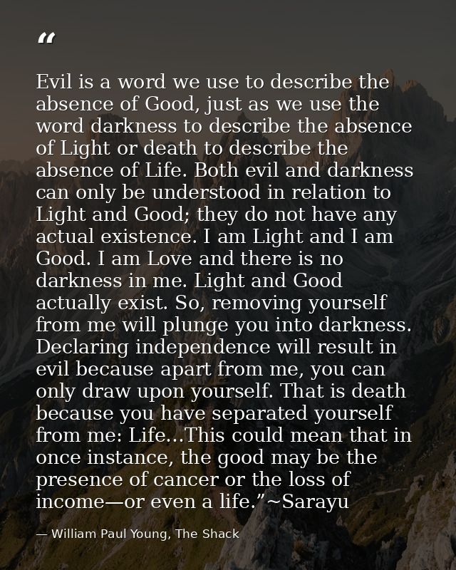 Evil is a word we use to describe the absence of Good, just as we use the word darkness to describe the absence of Light — William Paul Young, The Shack