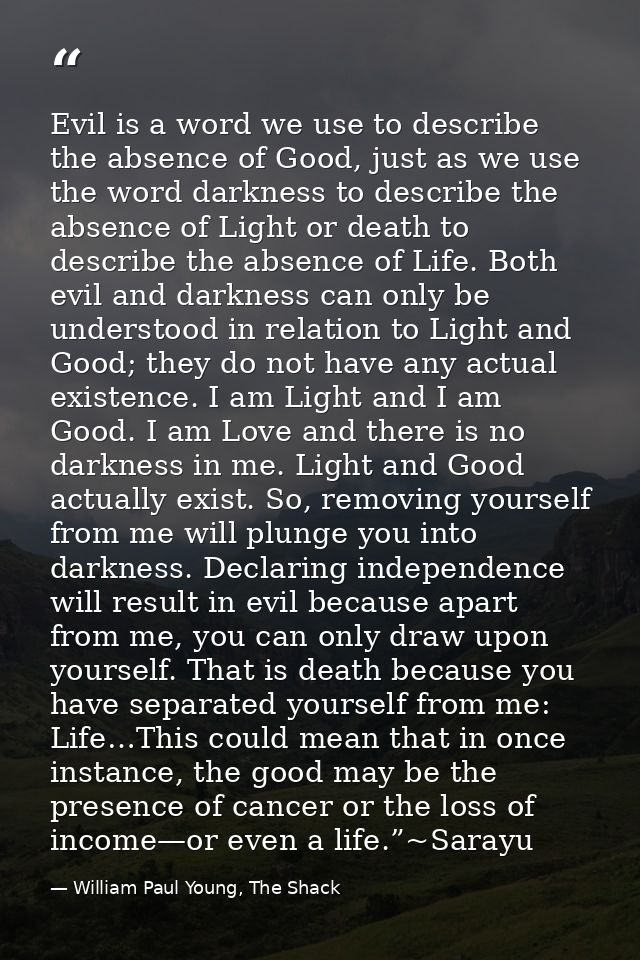 Evil is a word we use to describe the absence of Good, just as we use the word darkness to describe the absence of Light — William Paul Young, The Shack