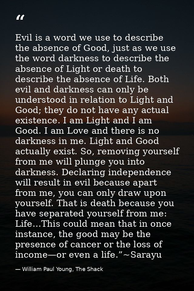 Evil is a word we use to describe the absence of Good, just as we use the word darkness to describe the absence of Light — William Paul Young, The Shack