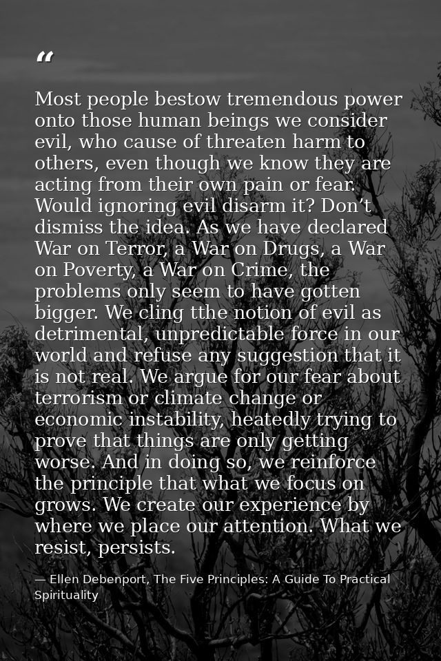 Most people bestow tremendous power onto those human beings we consider evil, who cause of threaten harm to others, even — Ellen Debenport, The Five Principles: A Guide To Practical Spirituality