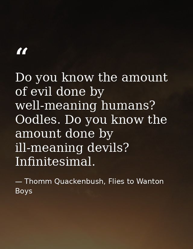 Do you know the amount of evil done by well-meaning humans? Oodles. Do you know the amount done by ill-meaning devils? I — Thomm Quackenbush, Flies to Wanton Boys