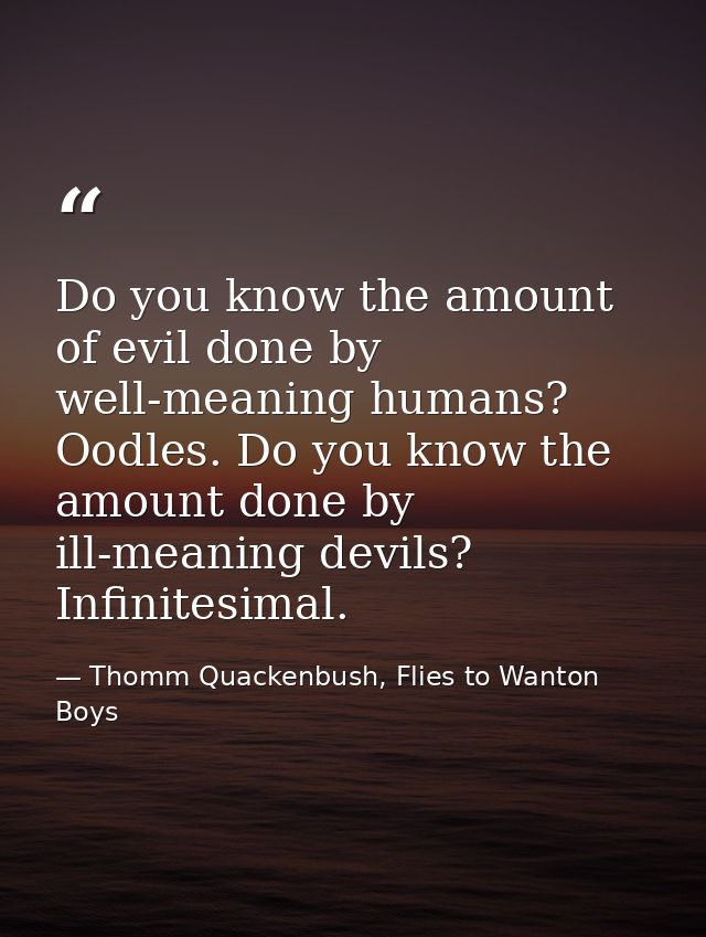 Do you know the amount of evil done by well-meaning humans? Oodles. Do you know the amount done by ill-meaning devils? I — Thomm Quackenbush, Flies to Wanton Boys