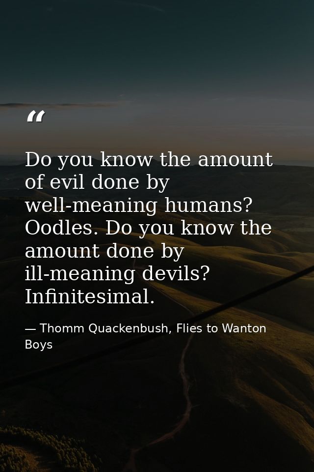 Do you know the amount of evil done by well-meaning humans? Oodles. Do you know the amount done by ill-meaning devils? I — Thomm Quackenbush, Flies to Wanton Boys
