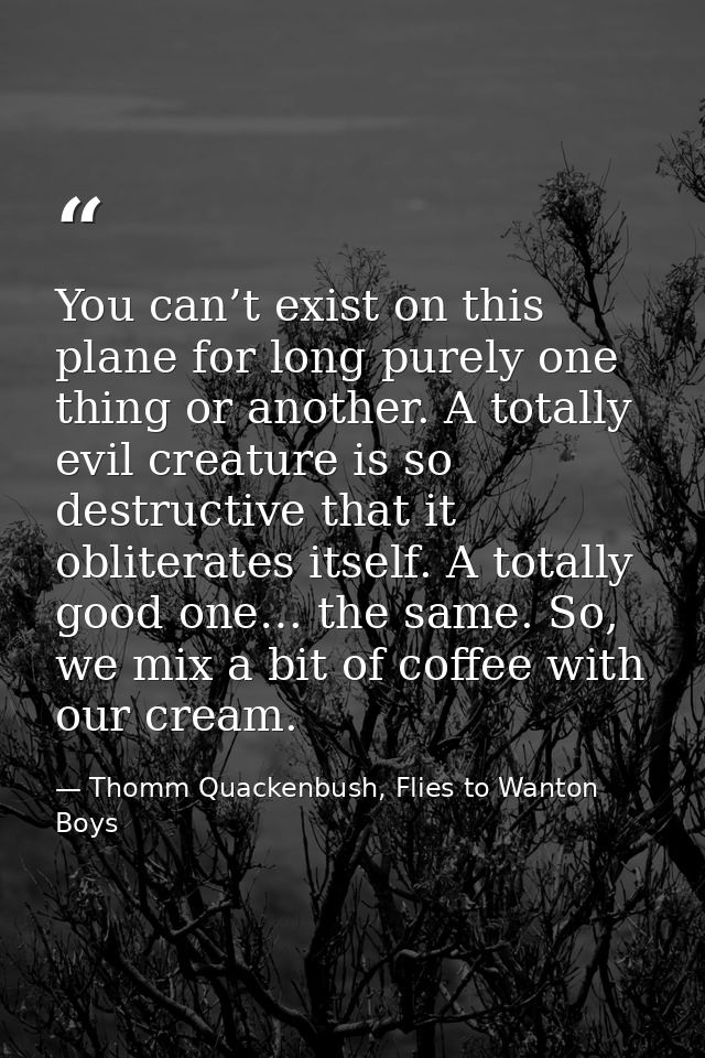 You can’t exist on this plane for long purely one thing or another. A totally evil creature is so destructive that it ob — Thomm Quackenbush, Flies to Wanton Boys