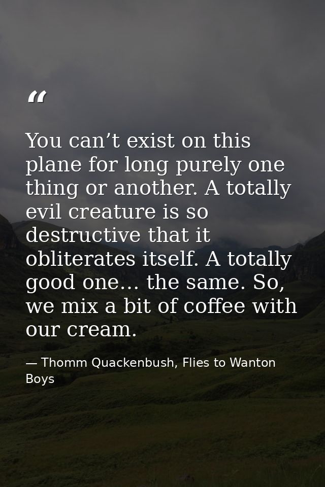 You can’t exist on this plane for long purely one thing or another. A totally evil creature is so destructive that it ob — Thomm Quackenbush, Flies to Wanton Boys