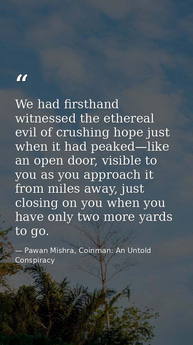 We had firsthand witnessed the ethereal evil of crushing hope just when it had peaked—like an open door, visible to you  — Pawan Mishra, Coinman: An Untold Conspiracy
