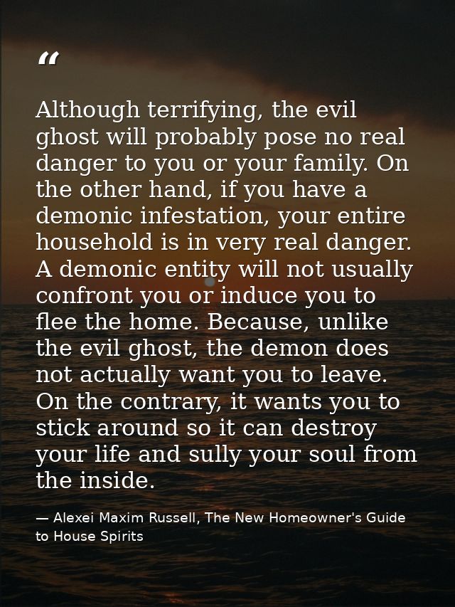 Although terrifying, the evil ghost will probably pose no real danger to you or your family. On the other hand, if you h — Alexei Maxim Russell, The New Homeowner's Guide to House Spirits