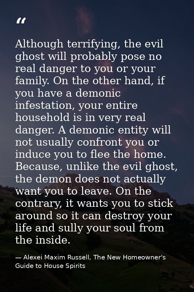 Although terrifying, the evil ghost will probably pose no real danger to you or your family. On the other hand, if you h — Alexei Maxim Russell, The New Homeowner's Guide to House Spirits