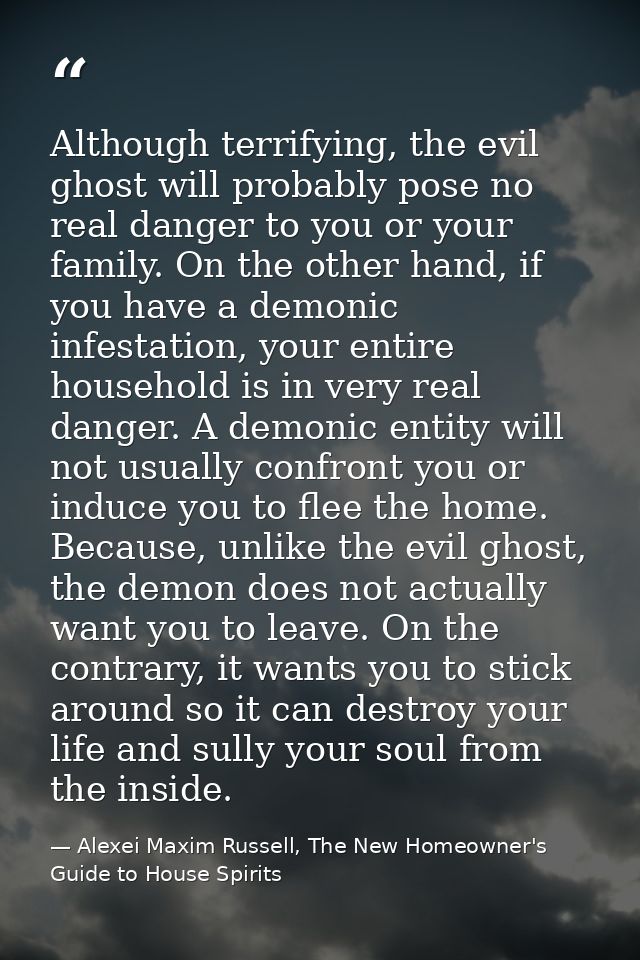 Although terrifying, the evil ghost will probably pose no real danger to you or your family. On the other hand, if you h — Alexei Maxim Russell, The New Homeowner's Guide to House Spirits