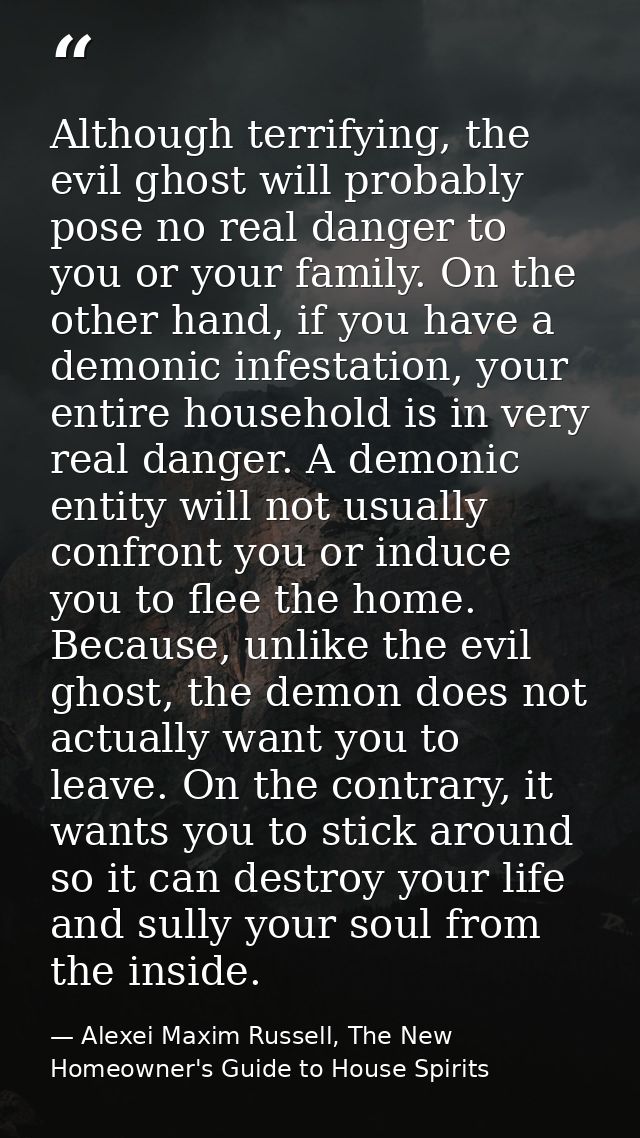 Although terrifying, the evil ghost will probably pose no real danger to you or your family. On the other hand, if you h — Alexei Maxim Russell, The New Homeowner's Guide to House Spirits