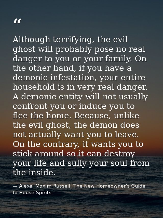 Although terrifying, the evil ghost will probably pose no real danger to you or your family. On the other hand, if you h — Alexei Maxim Russell, The New Homeowner's Guide to House Spirits