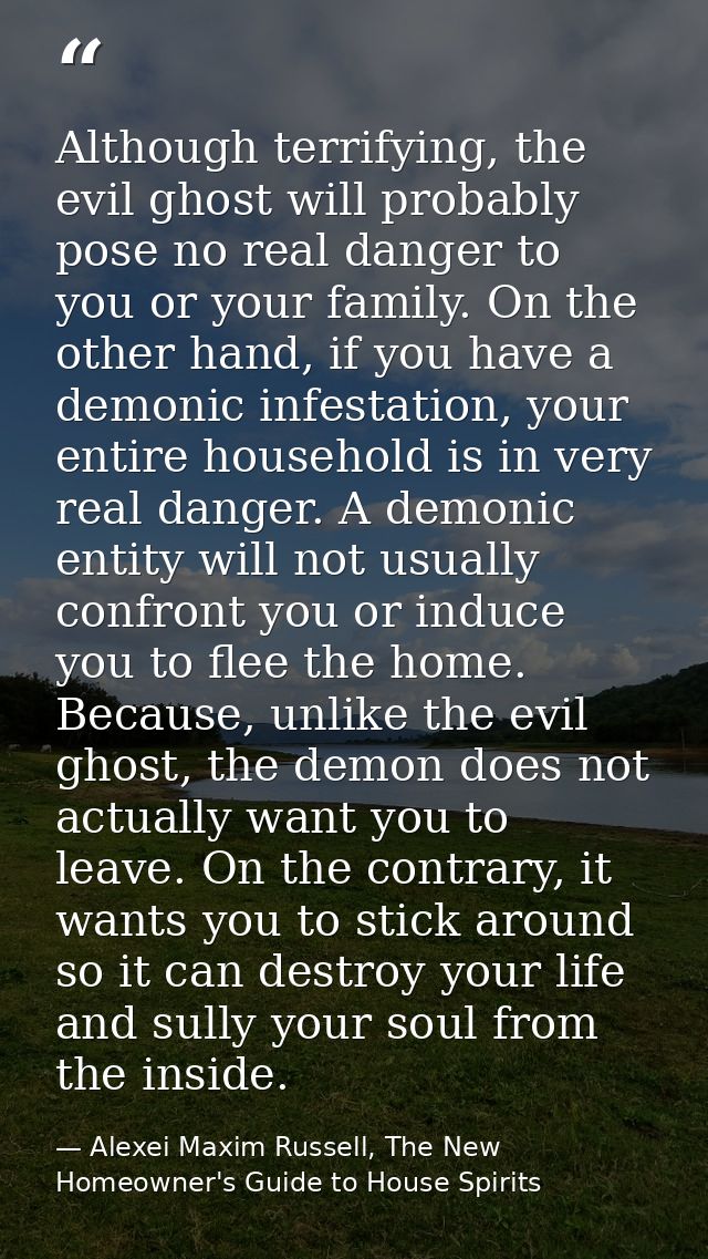 Although terrifying, the evil ghost will probably pose no real danger to you or your family. On the other hand, if you h — Alexei Maxim Russell, The New Homeowner's Guide to House Spirits