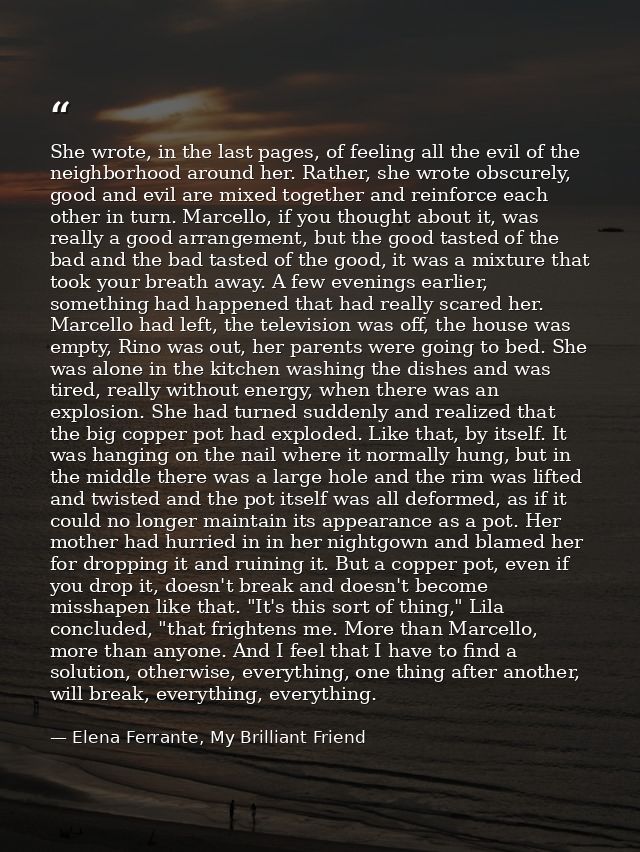She wrote, in the last pages, of feeling all the evil of the neighborhood around her. Rather, she wrote obscurely, good  — Elena Ferrante, My Brilliant Friend