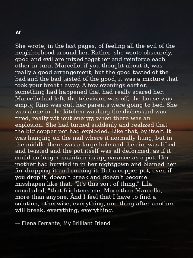 She wrote, in the last pages, of feeling all the evil of the neighborhood around her. Rather, she wrote obscurely, good  — Elena Ferrante, My Brilliant Friend
