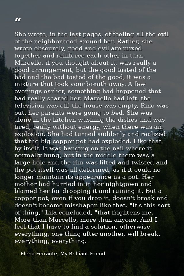 She wrote, in the last pages, of feeling all the evil of the neighborhood around her. Rather, she wrote obscurely, good  — Elena Ferrante, My Brilliant Friend