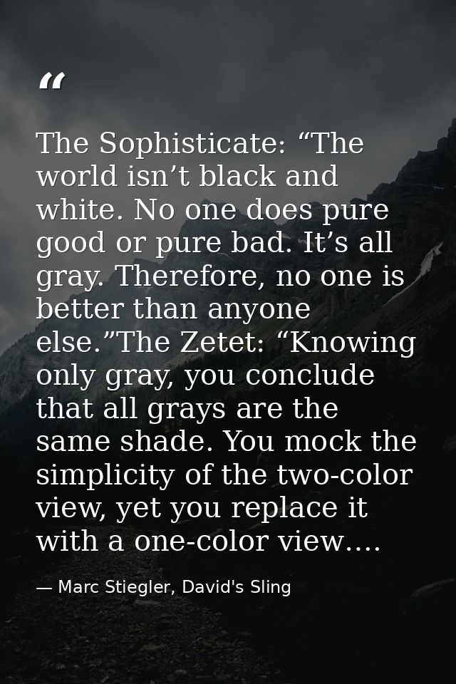 The Sophisticate: “The world isn’t black and white. No one does pure good or pure bad. It’s all gray. Therefore, no one  — Marc Stiegler, David's Sling