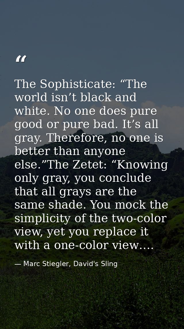 The Sophisticate: “The world isn’t black and white. No one does pure good or pure bad. It’s all gray. Therefore, no one  — Marc Stiegler, David's Sling