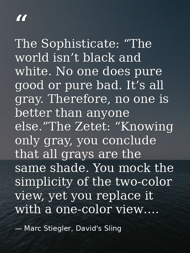 The Sophisticate: “The world isn’t black and white. No one does pure good or pure bad. It’s all gray. Therefore, no one  — Marc Stiegler, David's Sling