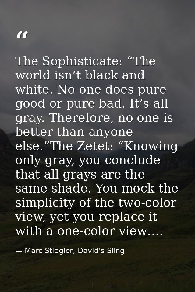 The Sophisticate: “The world isn’t black and white. No one does pure good or pure bad. It’s all gray. Therefore, no one  — Marc Stiegler, David's Sling