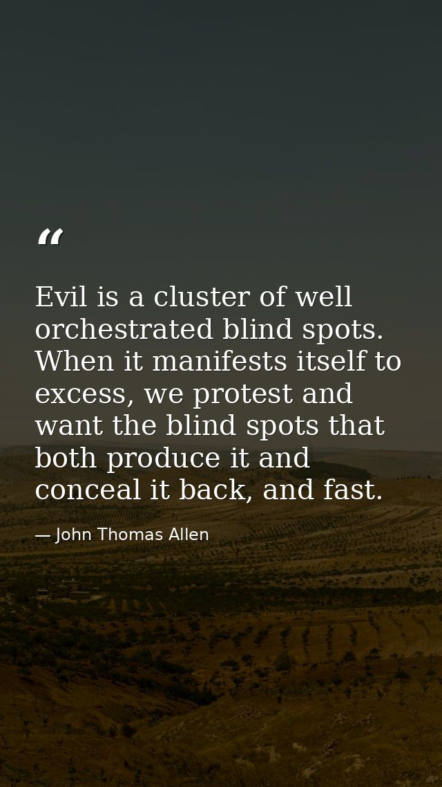 Evil is a cluster of well orchestrated blind spots. When it manifests itself to excess, we protest and want the blind sp — John Thomas Allen