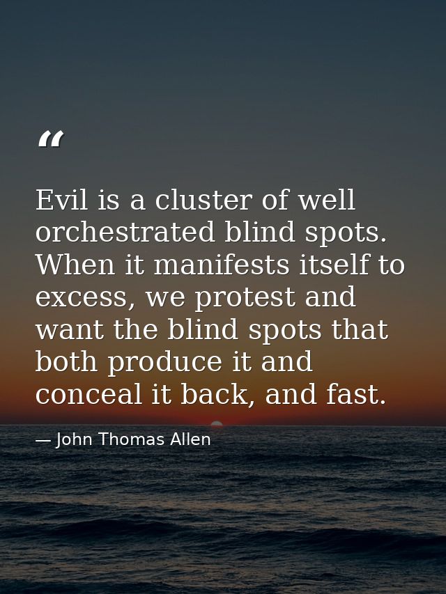 Evil is a cluster of well orchestrated blind spots. When it manifests itself to excess, we protest and want the blind sp — John Thomas Allen