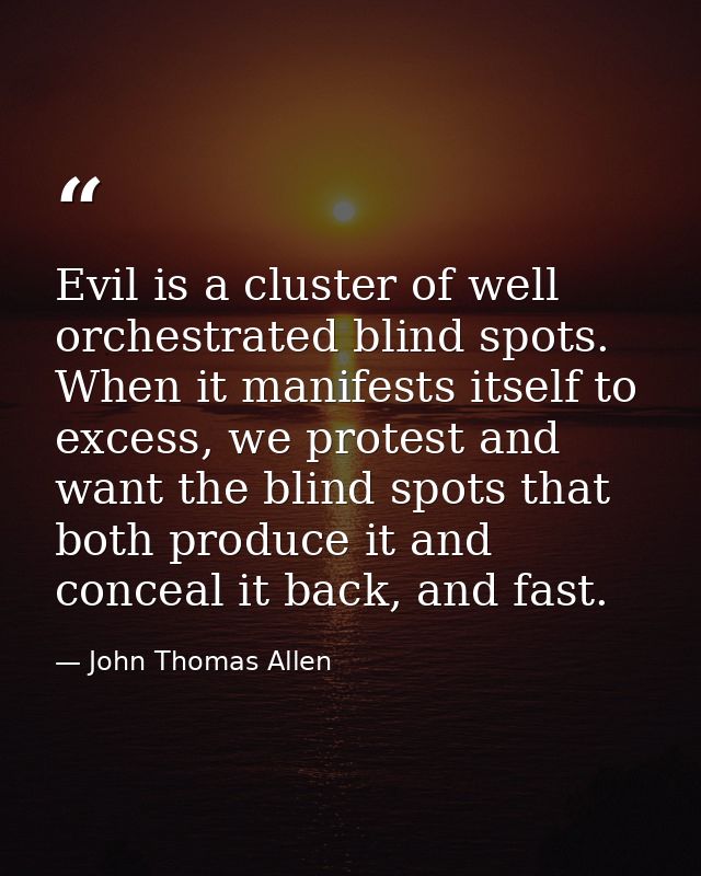 Evil is a cluster of well orchestrated blind spots. When it manifests itself to excess, we protest and want the blind sp — John Thomas Allen
