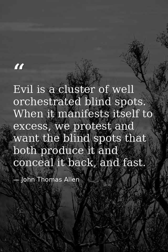 Evil is a cluster of well orchestrated blind spots. When it manifests itself to excess, we protest and want the blind sp — John Thomas Allen