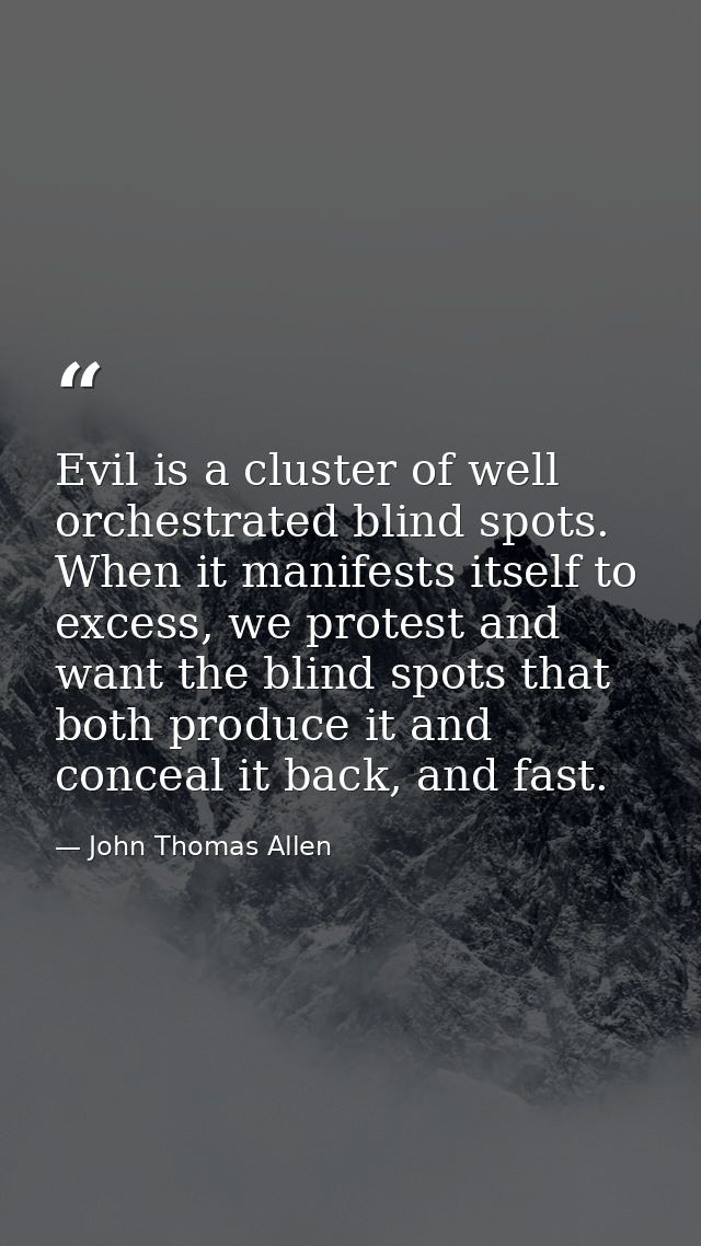 Evil is a cluster of well orchestrated blind spots. When it manifests itself to excess, we protest and want the blind sp — John Thomas Allen