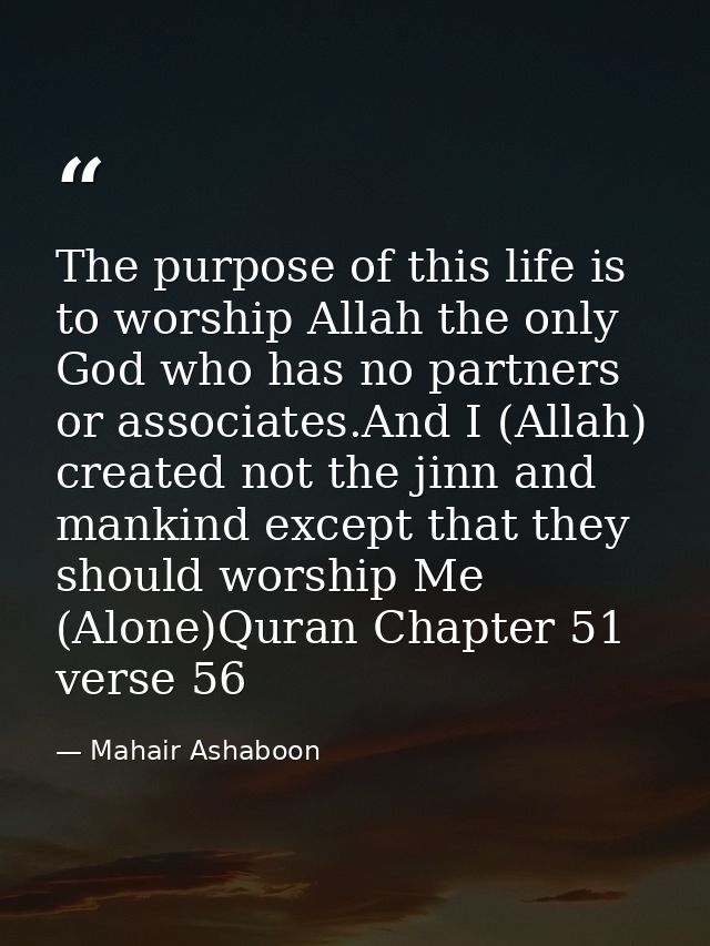 The purpose of this life is to worship Allah the only God who has no partners or associates.And I (Allah) created not th — Mahair Ashaboon