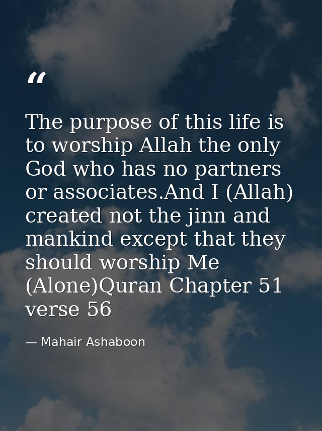 The purpose of this life is to worship Allah the only God who has no partners or associates.And I (Allah) created not th — Mahair Ashaboon