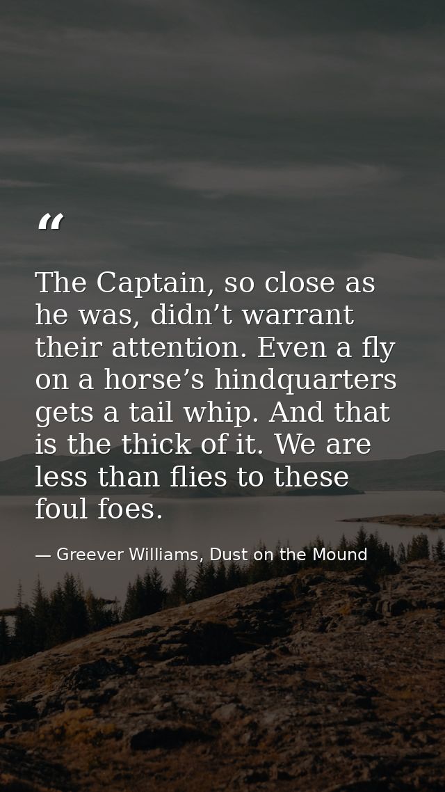 The Captain, so close as he was, didn’t warrant their attention. Even a fly on a horse’s hindquarters gets a tail whip.  — Greever Williams, Dust on the Mound