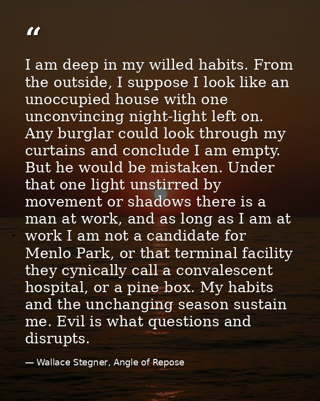I am deep in my willed habits. From the outside, I suppose I look like an unoccupied house with one unconvincing night-l — Wallace Stegner, Angle of Repose