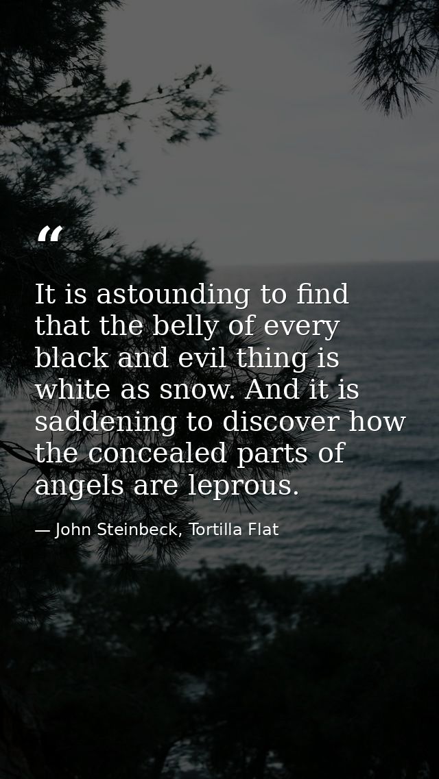 It is astounding to find that the belly of every black and evil thing is white as snow. And it is saddening to discover  — John Steinbeck, Tortilla Flat