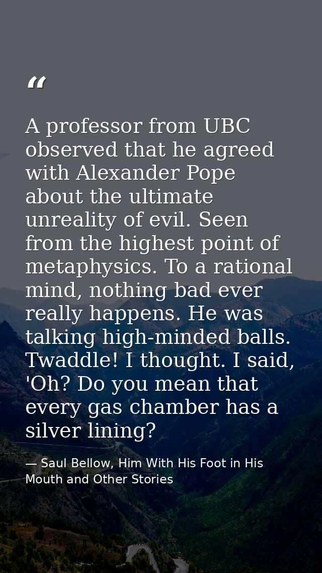 A professor from UBC observed that he agreed with Alexander Pope about the ultimate unreality of evil. Seen from the hig — Saul Bellow, Him With His Foot in His Mouth and Other Stories