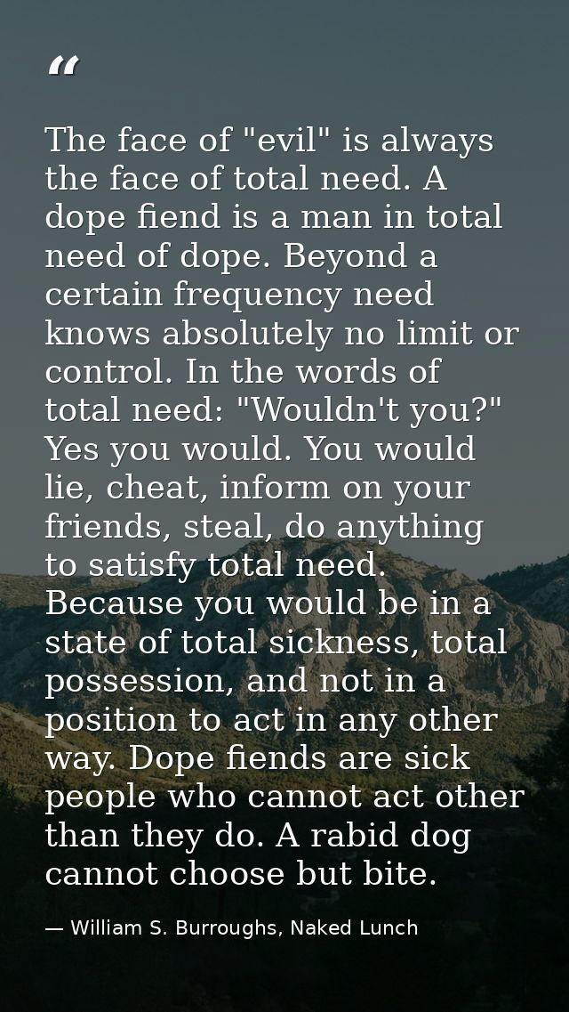 The face of "evil" is always the face of total need. A dope fiend is a man in total need of dope. Beyond a certain frequ — William S. Burroughs, Naked Lunch