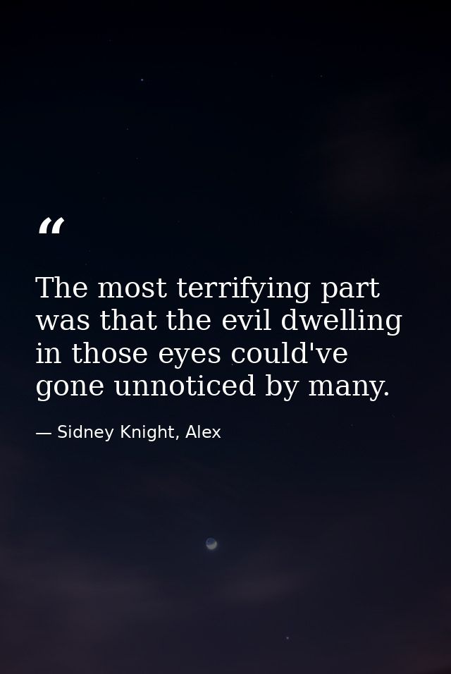 The most terrifying part was that the evil dwelling in those eyes could've gone unnoticed by many. — Sidney Knight, Alex