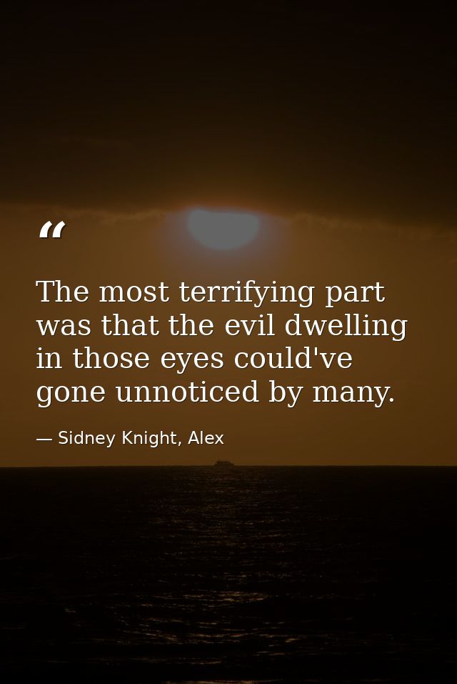 The most terrifying part was that the evil dwelling in those eyes could've gone unnoticed by many. — Sidney Knight, Alex